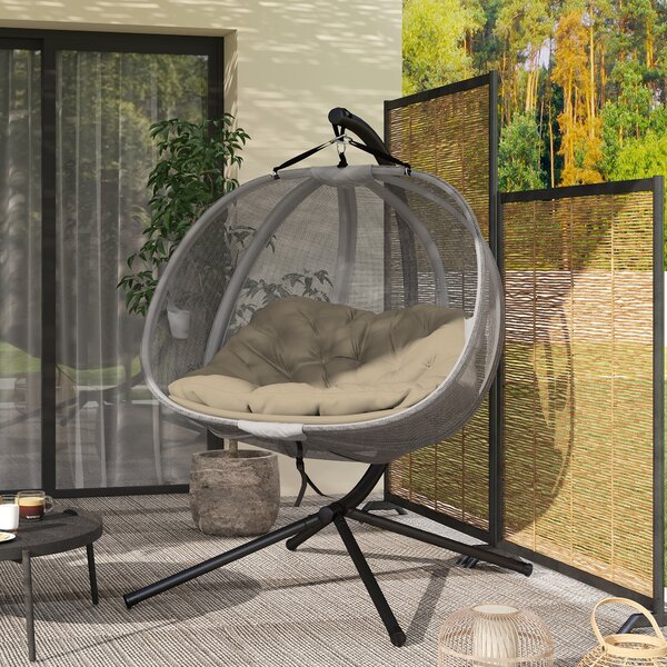 Outsunny Double Hanging Egg Chair 2 Seaters Swing Hammock Chair with Stand, Cushion and Folding Design, for Indoor and Outdoor, Brown Aosom UK