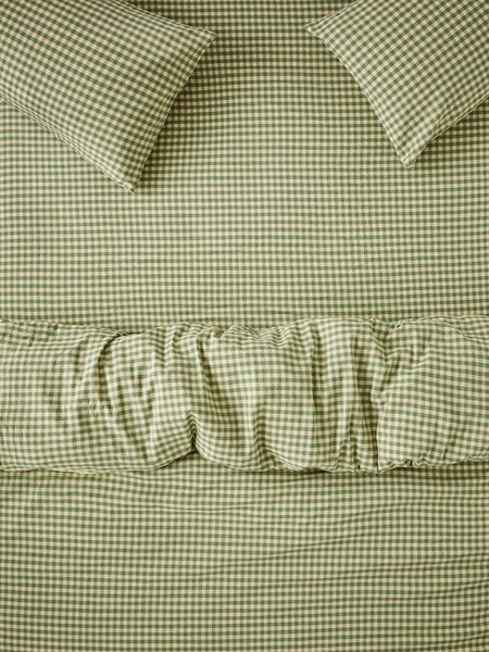 Elm Green & Butter Yellow Colour Drenched Gingham Linen Blend Fitted Sheet | Single | Piglet in Bed