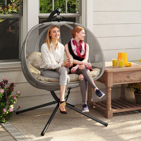 Outsunny Double Hanging Egg Chair 2 Seaters Swing Hammock Chair with Stand, Cushion and Folding Design, for Indoor and Outdoor, Brown Aosom UK