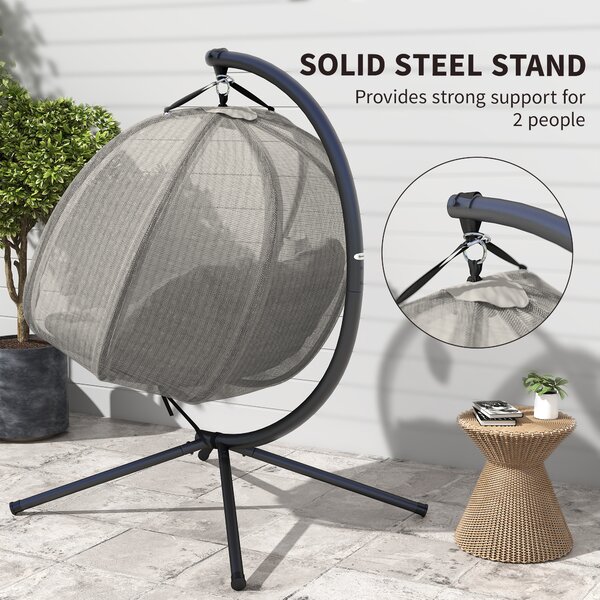 Outsunny Double Hanging Egg Chair 2 Seaters Swing Hammock Chair with Stand, Cushion and Folding Design, for Indoor and Outdoor, Brown Aosom UK