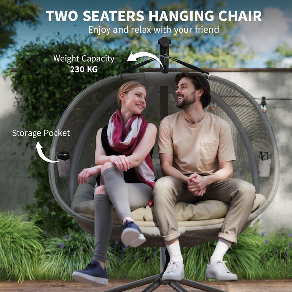 Outsunny Double Hanging Egg Chair 2 Seaters Swing Hammock Chair with Stand, Cushion and Folding Design, for Indoor and Outdoor, Brown Aosom UK
