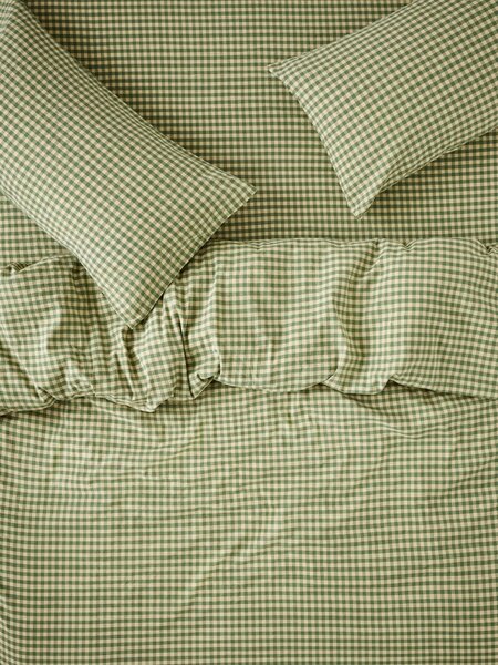 Elm Green & Butter Yellow Colour Drenched Gingham Linen Blend Duvet Cover | Single | Piglet in Bed