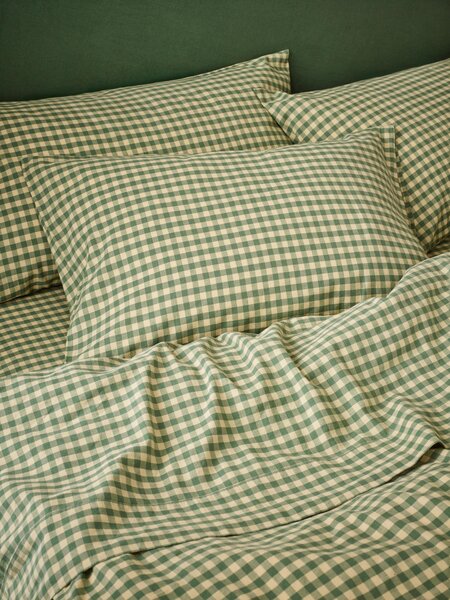 Elm Green & Butter Yellow Colour Drenched Gingham Linen Blend Pillowcases (Pair) | Standard | Piglet in Bed