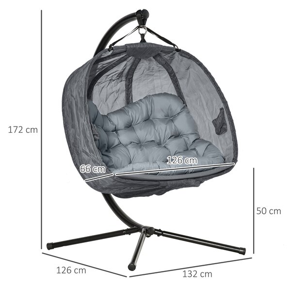 Outsunny Double Hanging Egg Chair 2 Seaters Swing Hammock Chair with Stand, Cushion and Folding Design, for Indoor and Outdoor, Grey Aosom UK