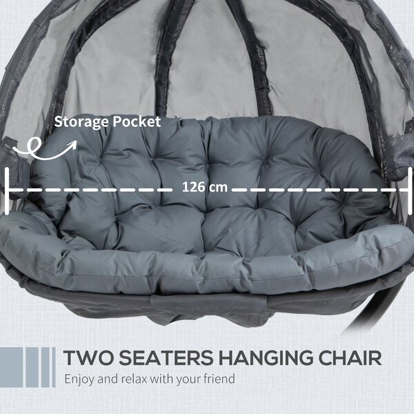 Outsunny Double Hanging Egg Chair 2 Seaters Swing Hammock Chair with Stand, Cushion and Folding Design, for Indoor and Outdoor, Grey Aosom UK