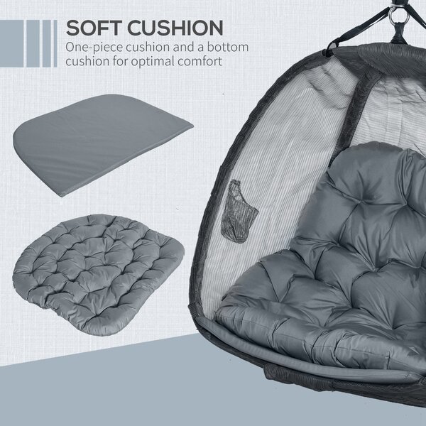 Outsunny Double Hanging Egg Chair 2 Seaters Swing Hammock Chair with Stand, Cushion and Folding Design, for Indoor and Outdoor, Grey Aosom UK