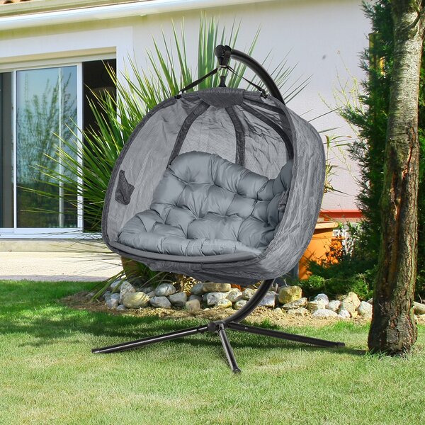 Outsunny Double Hanging Egg Chair 2 Seaters Swing Hammock Chair with Stand, Cushion and Folding Design, for Indoor and Outdoor, Grey Aosom UK