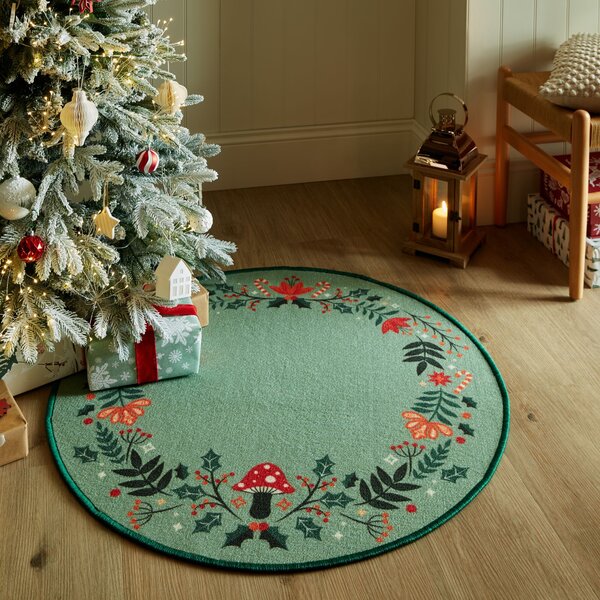 Christmas Wreath Washable Round Rug Green