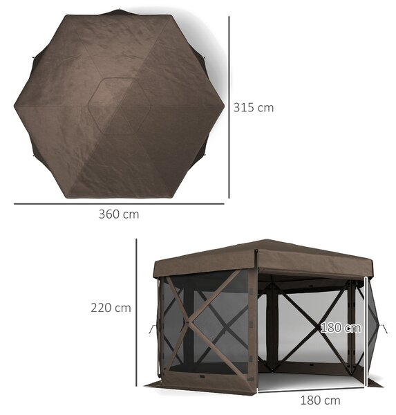 Outsunny 3 x 3m Hexagon Pop Up Gazebo with 5 Sides and Carry Bag, Waterproof, Instant Event Shelter with Netting for Garden, Patio, Brown