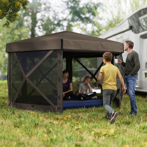 Outsunny 3 x 3m Hexagon Pop Up Gazebo with 5 Sides and Carry Bag, Waterproof, Instant Event Shelter with Netting for Garden, Patio, Brown