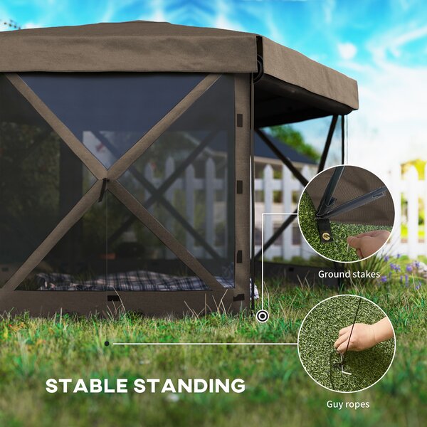 Outsunny 3 x 3m Hexagon Pop Up Gazebo with 5 Sides and Carry Bag, Waterproof, Instant Event Shelter with Netting for Garden, Patio, Brown