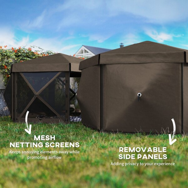 Outsunny 3 x 3m Hexagon Pop Up Gazebo with 5 Sides and Carry Bag, Waterproof, Instant Event Shelter with Netting for Garden, Patio, Brown