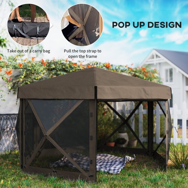 Outsunny 3 x 3m Hexagon Pop Up Gazebo with 5 Sides and Carry Bag, Waterproof, Instant Event Shelter with Netting for Garden, Patio, Brown