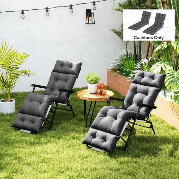 Outsunny Sun Lounger Cushions Only, 190x56x10cm Garden Lounge Chair Cushions Set of 2, Thick Sunbed Replacement Cushions with 6 Ties, Dark Grey