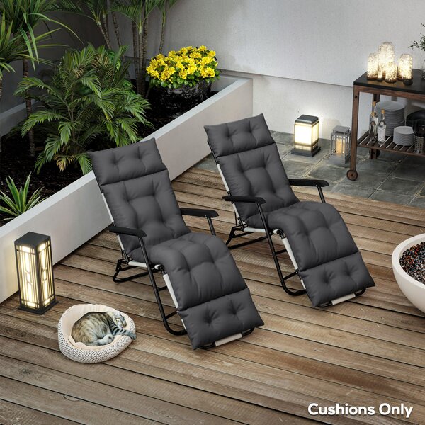 Outsunny Sun Lounger Cushions Only, 190x56x10cm Garden Lounge Chair Cushions Set of 2, Thick Sunbed Replacement Cushions with 6 Ties, Dark Grey