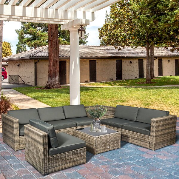 Outsunny 6-Seater Outdoor Rattan Wicker Sofa Set with Hidden Storage Side Table and Cushions, Mixed Brown Aosom UK