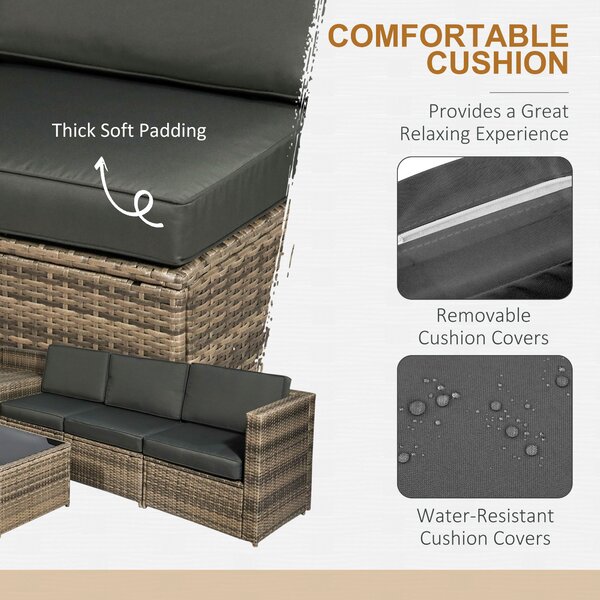Outsunny 6-Seater Outdoor Rattan Wicker Sofa Set with Hidden Storage Side Table and Cushions, Mixed Brown Aosom UK