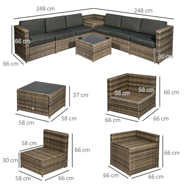 Outsunny 6-Seater Outdoor Rattan Wicker Sofa Set with Hidden Storage Side Table and Cushions, Mixed Brown Aosom UK