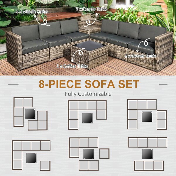 Outsunny 6-Seater Outdoor Rattan Wicker Sofa Set with Hidden Storage Side Table and Cushions, Mixed Brown Aosom UK