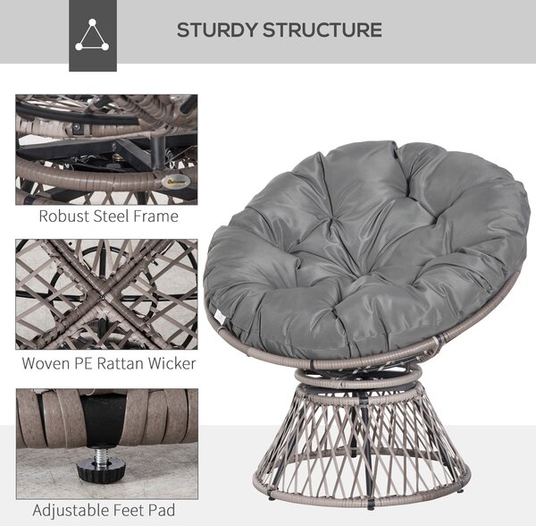 Outsunny 360° Swivel Rattan Papasan Moon Bowl Chair Round Lounge Garden Wicker Basket Seat with Padded Cushion Oversized for Outdoor Indoor, Grey
