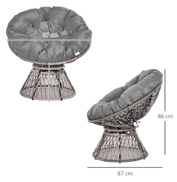 Outsunny 360° Swivel Rattan Papasan Moon Bowl Chair Round Lounge Garden Wicker Basket Seat with Padded Cushion Oversized for Outdoor Indoor, Grey