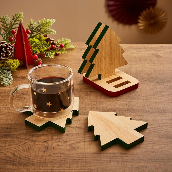 Set of 4 Tree Shaped Wooden Coasters Light Wood