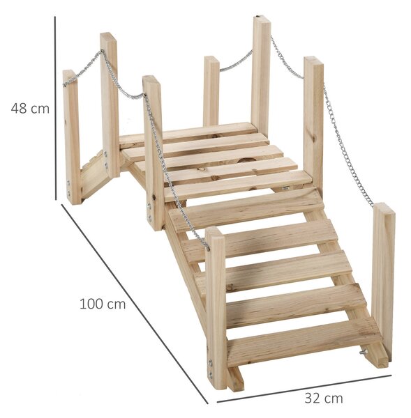 Outsunny Small Fir Wooden Garden Bridge, Arch Walkway with Metal Chain Railings for Landscape Creek Pond, Natural Wood