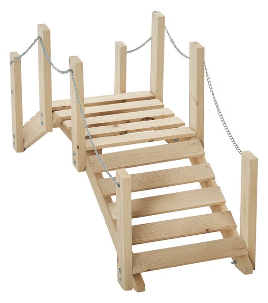 Outsunny Small Fir Wooden Garden Bridge, Arch Walkway with Metal Chain Railings for Landscape Creek Pond, Natural Wood