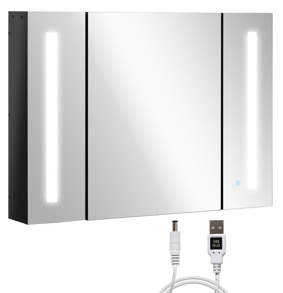 Kleankin LED Bathroom Cabinet with Mirror, Wall Mounted Dimmable Storage Organiser with 3 Mirrored Doors and Adjustable Shelves Aosom UK