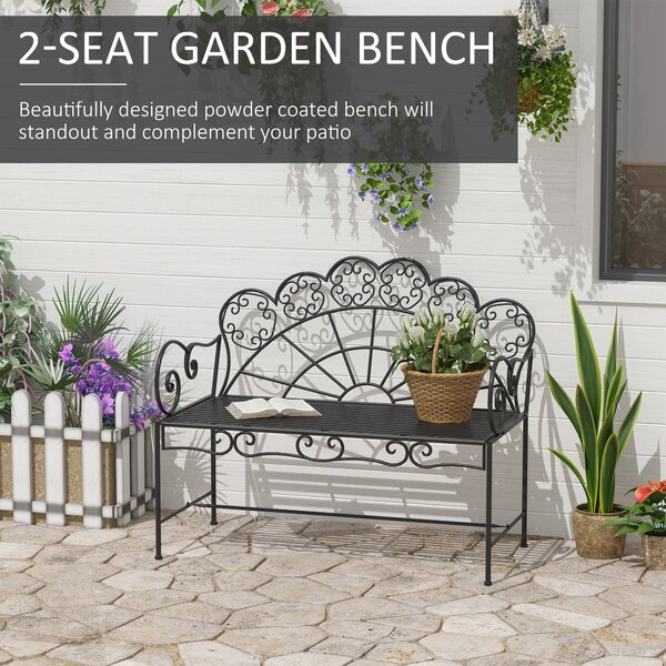 Outsunny Metal Garden Bench Loveseat with Slatted Seat, Black