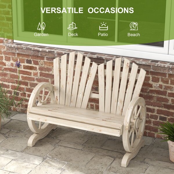 Outsunny Fir Wood Love Seats with Wheel-Shaped Armrests, Large Load-Bearing Chair, Natural Wood Finish