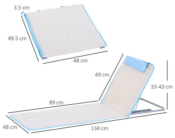 Outsunny Set of 2 Foldable Garden Beach Chair Mat, Lightweight Outdoor Sun Lounger Seats with Adjustable Back, Metal Frame, PE Fabric Head Pillow and Carry Bag, Cream White