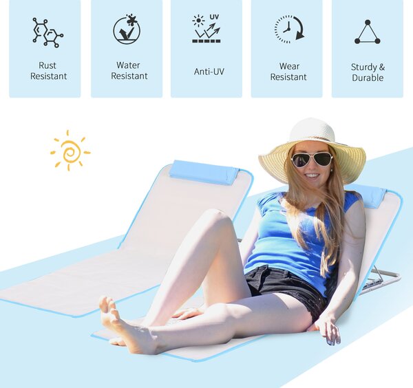 Outsunny Set of 2 Foldable Garden Beach Chair Mat, Lightweight Outdoor Sun Lounger Seats with Adjustable Back, Metal Frame, PE Fabric Head Pillow and Carry Bag, Cream White