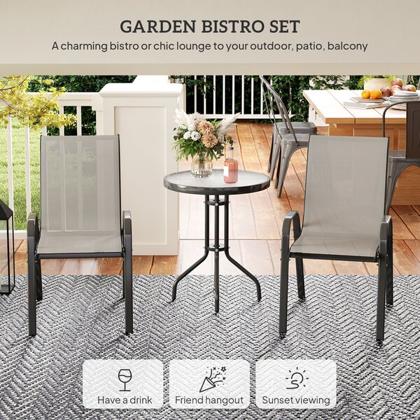 Outsunny 3 Piece Garden Furniture Set, Outdoor Patio Bistro Set with Table & 2 Chairs, Modern Design for Balcony & Garden, Light Grey Aosom UK