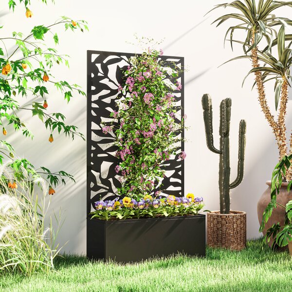 Outsunny Metal Garden Bed with Trellis, Wall Mounted or Freestanding Raised Planter with Privacy Panel, Black