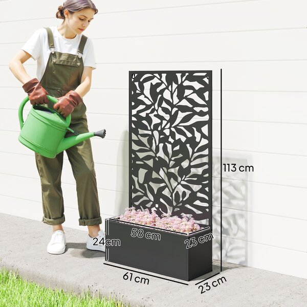 Outsunny Metal Garden Bed with Trellis, Wall Mounted or Freestanding Raised Planter with Privacy Panel, Black
