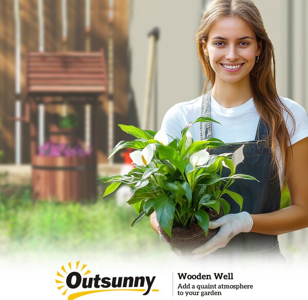 Outsunny Wood Wishing Well for Outside with Hanging Bucket, Wishing Well Planter with Drain Hole for Garden Patio, Carbonized