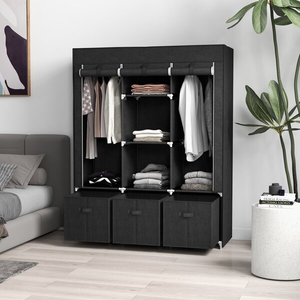 HOMCOM Foldable Fabric Wardrobe for Bedroom, Portable Wardrobe with 5 Shelves, 2 Hanging Rails and 3 Fabric Drawers, Black