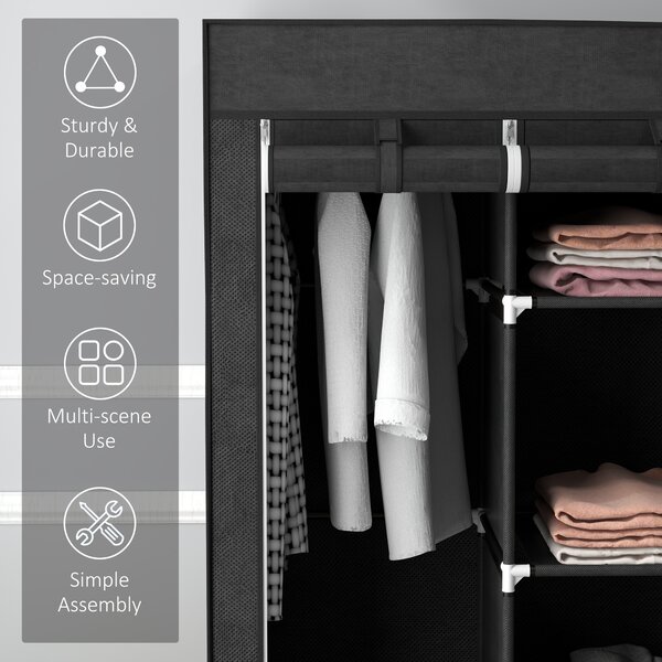 HOMCOM Foldable Fabric Wardrobe for Bedroom, Portable Wardrobe with 5 Shelves, 2 Hanging Rails and 3 Fabric Drawers, Black