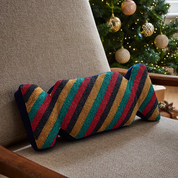 Merry and Bright Stripe Beaded Cracker Rectangular Cushion Blue