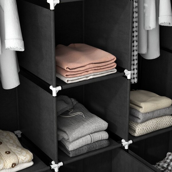 HOMCOM Foldable Fabric Wardrobe for Bedroom, Portable Wardrobe with 5 Shelves, 2 Hanging Rails and 3 Fabric Drawers, Black