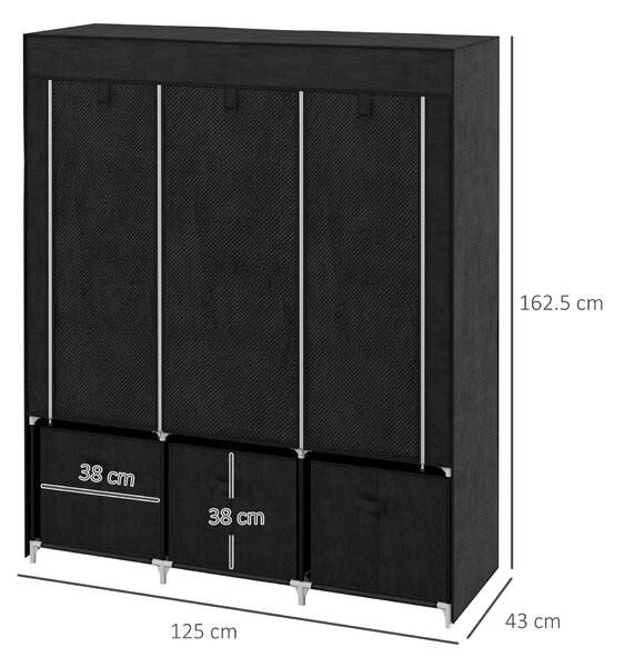 HOMCOM Foldable Fabric Wardrobe for Bedroom, Portable Wardrobe with 5 Shelves, 2 Hanging Rails and 3 Fabric Drawers, Black