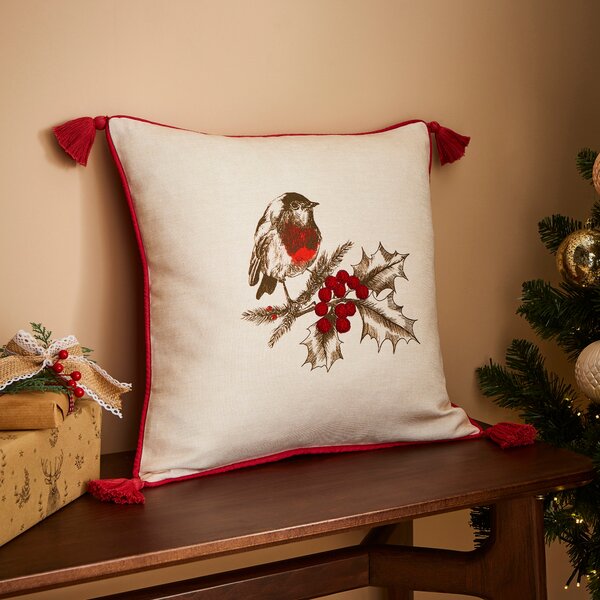 Festive Robin Embroidered Cushion Cream (Natural)