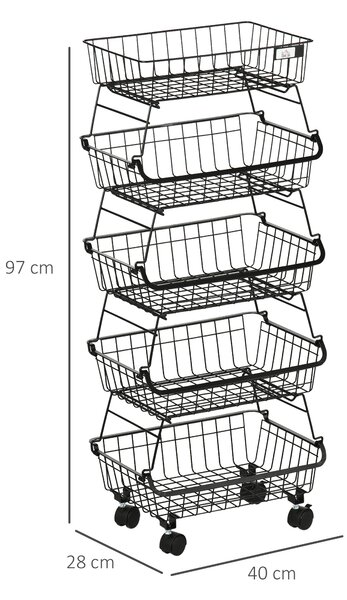 HOMCOM 5 Tier Storage Trolley, Stackable Fruit Vegetable Cart for Kitchen, Living Room, 40 x 2 x 97 cm, Black