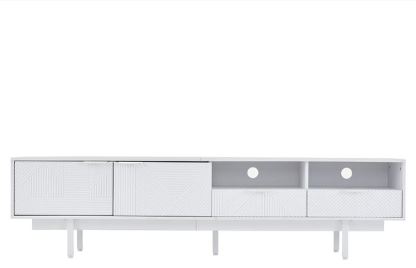 Elegant Bohemian TV Entertainment Center with Cabinet and Drawers, Geometric Lines TV Stand for 90 Inch TVs, 200L x 40W x 51H cm, White Aosom UK