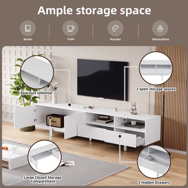 Elegant Bohemian TV Entertainment Center with Cabinet and Drawers, Geometric Lines TV Stand for 90 Inch TVs, 200L x 40W x 51H cm, White Aosom UK