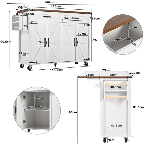 Farmhouse Style Kitchen Island Trolley with Adjustable Shelf, Easy Assembly, Perfect for Kitchen, Living Room, 140L x 73W x 90.5H cm, White Aosom.UK