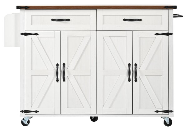 Farmhouse Style Kitchen Island Trolley with Adjustable Shelf, Easy Assembly, Perfect for Kitchen, Living Room, 140L x 73W x 90.5H cm, White Aosom.UK