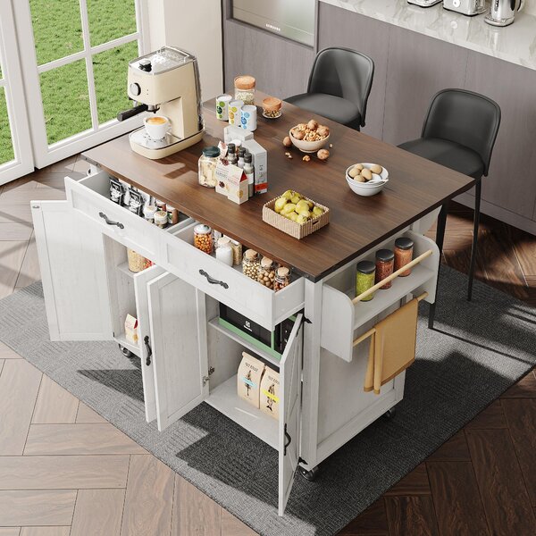 Farmhouse Style Kitchen Island Trolley with Adjustable Shelf, Easy Assembly, Perfect for Kitchen, Living Room, 140L x 73W x 90.5H cm, White Aosom.UK