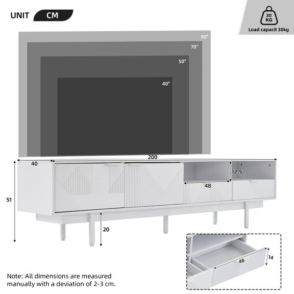 Elegant Bohemian TV Entertainment Center with Cabinet and Drawers, Geometric Lines TV Stand for 90 Inch TVs, 200L x 40W x 51H cm, White Aosom UK